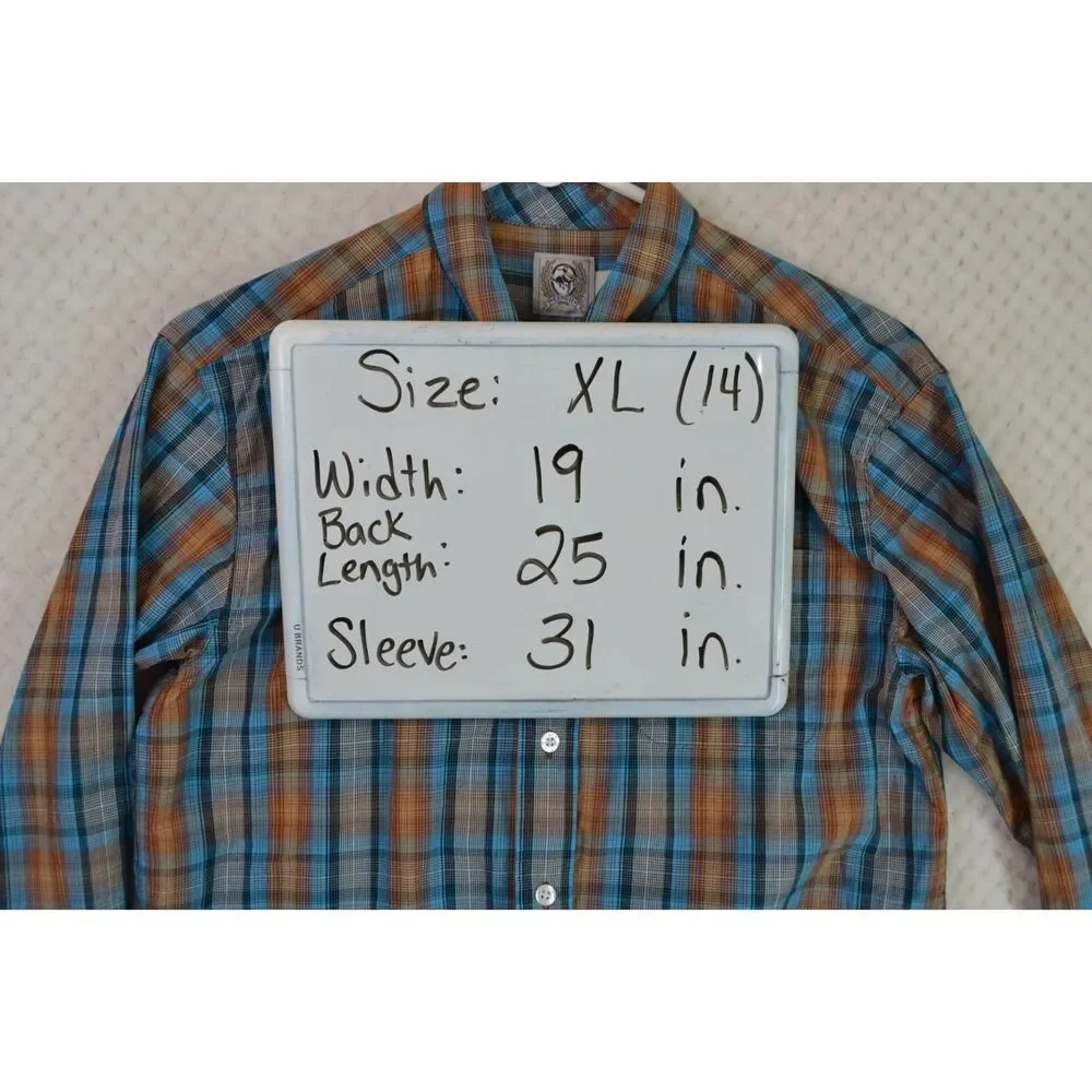 Cinch Boys XL (14) Shirt Blue Orange Plaid Western Button Up